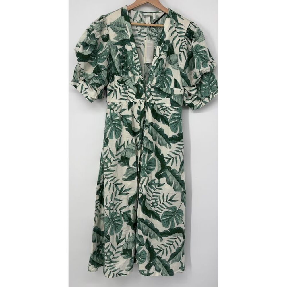 Johanna Ortiz Green and White Tropical Leaf Maxi Dress